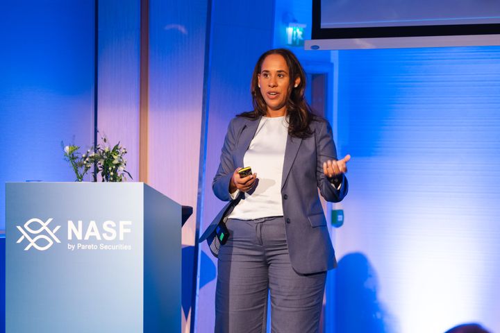 Patricia Sugui, sjef for bærekraft og kommunikasjon i CJ Selecta, holdt innlegg på NASF