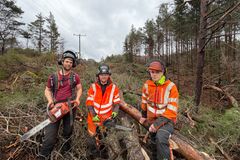 Linjeryddere ute på oppdrag for Glitre Nett. Fra venstre Lars Over Herstøl, Egil Gåseland, og Ruben Skeie fra Linjerydderen Geir Østrem AS.