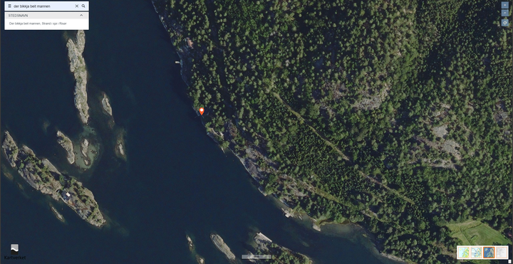Utsnitt frå karttensta norgeskart.no som viser flyfoto og ein pin som markerar stadnamnet Der bikkja beit mannen.