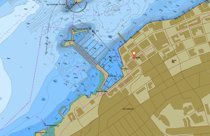 Utsnitt av digitalt sjøkart over Bodø havn viser nye tettere dybdekurver i kartet.