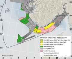 Kart over Nordsjøen som viser prioriterte måleområder grunnere enn 250 meter innenfor tre utvalgte blokker utenfor territorialgrensen.