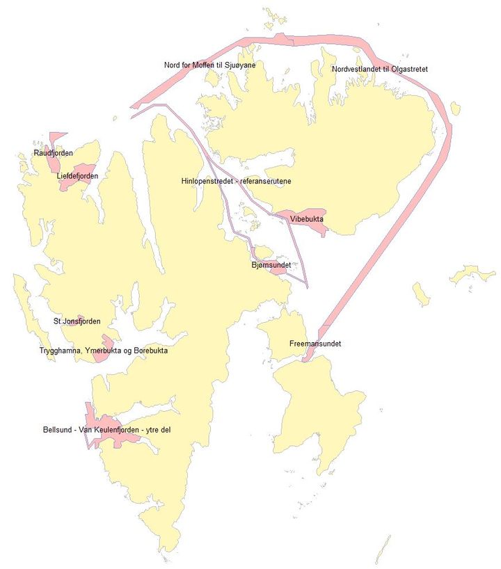 Kart%20over%20Svalbard%20med%20enkelte%20prioriterte%20omr%E5der%20i%20farvann%20rundt%20%F8yene%2C%20markert%20i%20r%F8dt.