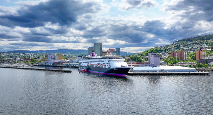 Stort cruiseskip lagt til kai i havnen i kystbyen med moderne bygninger og åser i bakgrunnen under overskyet himmel.