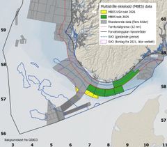 Kart som viser prioriterte måleområder i Nordsjøen med farger for ulike datatyper og grenser.