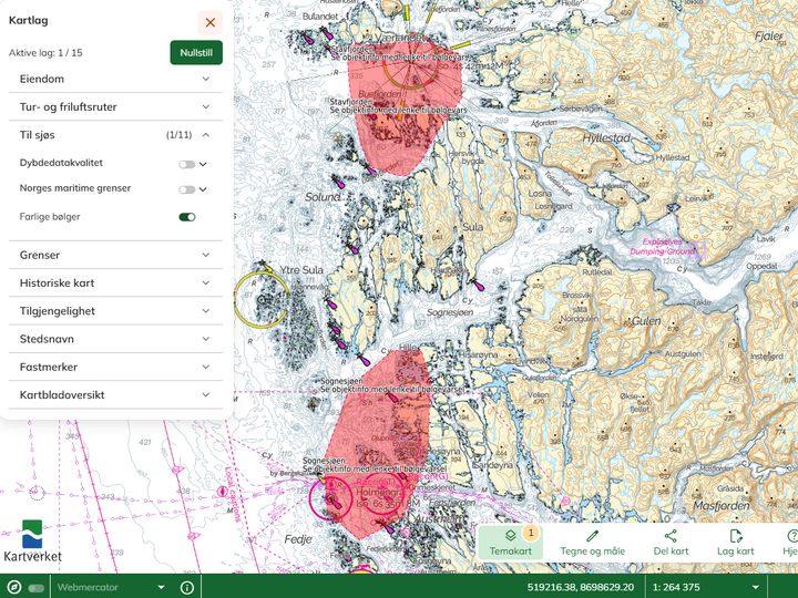 Skjermbilde av Norgeskart.no med ulike kartlag og markeringer.