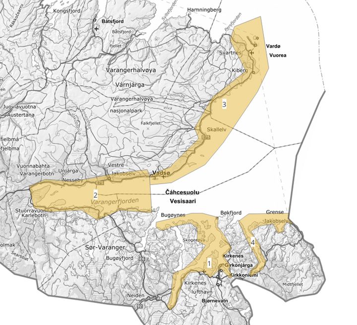 Kartet%20viser%20fire%20prioriterte%20delomr%E5der%20i%20Varangerfjorden%2C%20markert%20i%20gult.
