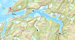 Kart som viser målesteder for vannstand i Naurstad, ved Oldereid kraftstasjon og i Rognan, og permanent måler i Bodø.