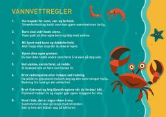 En illustrasjon som viser åtte vannvettregler. Hovedfargene er blå-turkis og gul. Det er også noen illustrasjoner på bildet som skal trekke tankene mot sjøen, bl.a. av en krabbe og en sjøstjerne.