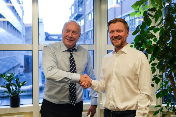 Kjell Rusti, administrerende direktør i Sopra Steria og Yngvar Tov Herbjørnssønn, administrerende direktør i Norlandia Health & Care Group.