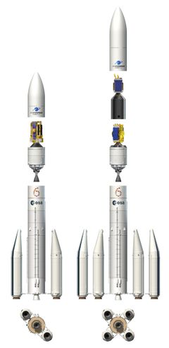 Ariane 6 kommer i to utgaver. Ariane 62 til venstre har to startmotorer. Den kraftigere Ariane 6 har fire startmotorer og kan frakte to store nyttelaster ut i rommet. Illustrasjon: ESA - D. Ducros