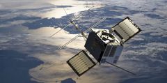 Illustrasjon av den norske småsatellitten NorSat-TD (NorSat Technology Demonstrator). NorSat-TD har testet ny teknologi for norske bedrifter, etater og internasjonale samarbeidspartnere. Snart vil den brenne opp i atmosfæren.