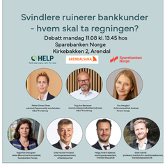 Petter Dines Olsen, og Dag Are Børresen (HELP), Gry Nergård (Finans Norge), Ragnhild Georgsen (Sparebanken Norge), Odd Harald Hovland (Ap), Helge André Njåstad (Frp) debatterer svindelbekjempelse mandag under Arendalsuka.