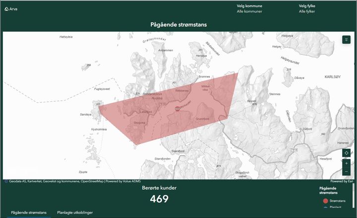 Skjermdump av Arvas strømstanskart kl. 08.07