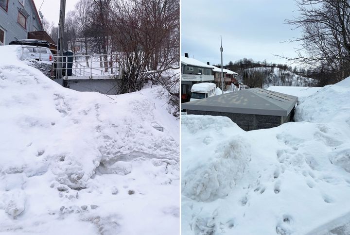 Arva ber alle som rydder snø om å unngå å bruke områdene rundt nettstasjonene som snødeponi. Bilde til venstre fra Tromsø og til høyre fra Bodø (Foto: Arva)