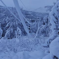 Høyspentlinja er tynget kraftig ned av snø og is.