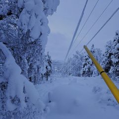 Her fjernes snø fra ei høyspentlinje av kyndig personell