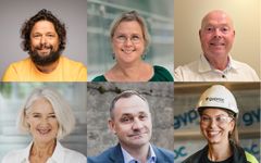 Øverst fra venstre: Harald Braathen (Bygningsarbeidernes Fagforening), Beate Svenningsen (NHO Byggenæringen), Knut Asper (Murmesternes forening), Marianne W. Røiseland (Rørentreprenørene Norge), Harald Hansen (Byggmesterforbundet) og Martine Bækkelund (Saint-Gobain).