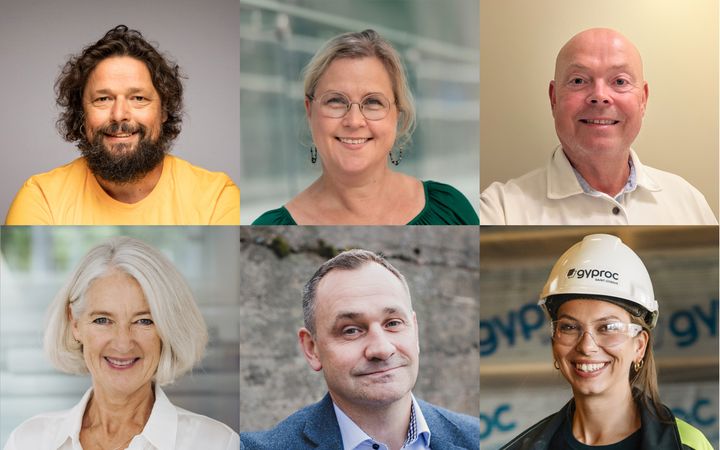 Øverst fra venstre: Harald Braathen (Bygningsarbeidernes Fagforening), Beate Svenningsen (NHO Byggenæringen), Knut Asper (Murmesternes forening), Marianne W. Røiseland (Rørentreprenørene Norge), Harald Hansen (Byggmesterforbundet) og Martine Bækkelund (Saint-Gobain).
