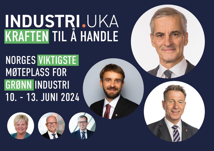 Bilde som viser nøkkelinformasjon om Industriuka 2024 sammen med de første seks innlederne til arrangementet.