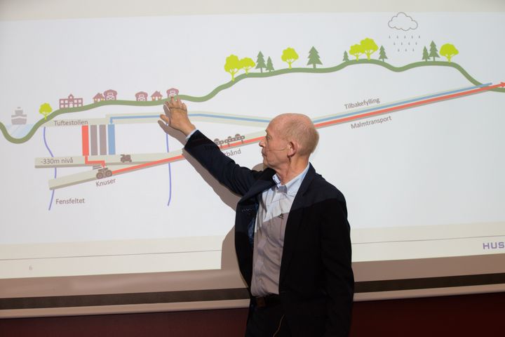 Alf Reistad, daglig leder i Rare Earths Norway AS (REN), viser frem selskapets modell for ansvarlige underjordisk gruvedrift i Fensfeltet.