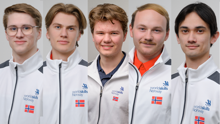 Innlandsutøverne som skal representere Norge under Yrkes-EM i Herning, Danmark: Fra venstre: Teodor Hella og Eirik Rød (mekatronikk), Ola Tryland (CAD), Lars Nicklas Olsen og Patrick Brobakken (robot systems integration).