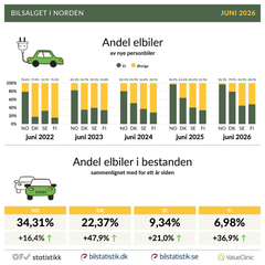 Grafen viser hvor stor forskjell det er på nybilsalg og bilbestand. Selv i Norge, der nesten alle nye personbiler er elektriske, utgjør elbilene fortsatt bare én av tre biler på veien. Danmark har hatt den raskeste utviklingen og nærmer seg Norge i nybilsalget.