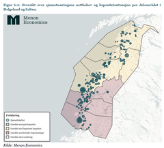 Kart over områder i Nordland med kritisk mangel på nettkapasitet.