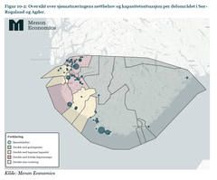 Kart over områder i Rogaland og Sørlandet med kritisk mangel på nettkapasitet.