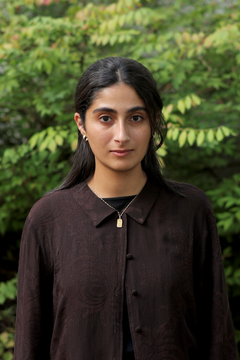 Sosen Nazim Jamil står med et alvorlig ansiktsuttrykk foran en grønn bakgrunn