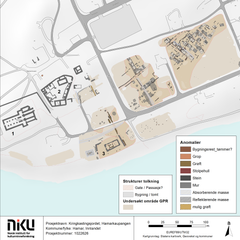 Tolkningsresulater fra georadarundersøkelsene (2023 og 2016). 1: Domkirkeruinene (Hamardomen) 2: Bispeborgen 3: St. Olavs klosterkirke