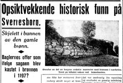 Avisutklipp fra Adresseavisen 1938 med overskrift om historisk funn på Sverresborg og bilde av en gammel brønn.