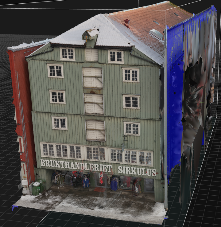 Fasaden av bryggehuset som vender ut mot Kjøpmannsgata, her i form av en 3D-modell etter feltarbeidet. Modell: Dag-Øyvind Solem
