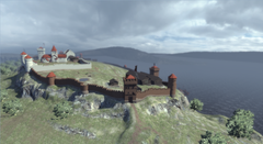 En visualisering av hvordan middelalderborgen Tunsberghus så ut i middelalderen. Borgen har to tingmurer, en endre og en ytre, og mange tårn, og ligger på en høyde i landskapet. Fjellet er grønt og man kan se sjøen i bakgrunnen.