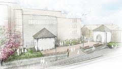 Illustrasjon av restene av et kloster fra 1100-tallet, med tårnfoten til høyre og korkapellet til venstre.