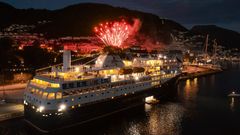 Fire works behind Havila Pollux in Bergen as her sister ship Havila Polaris had just started her maiden voyage.
