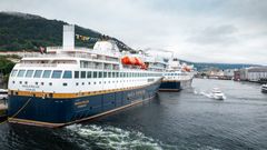 Havila Pollux docked behind Havila Polaris in Bergen
