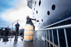 Godmother Hege Sævik Rabben christened the ship with water from the world heritage, the Geirangerfjord.