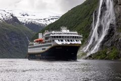 Havila Castor in the Geirangerfjord. 2nd of June 2022, Havila Castor was the first cruise ship to sail into the world heritage fjord, the Geirangerfjord, on battery, emission-free.
