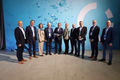 Havila Voyages was awarded the "Next Generation Ship Award" at Nor-Shipping this week. From left: Arne Johan Dale, CFO, Njål Sævik, boardmember, Tonje Ytrebø, marketing manager, Per Sævik, owner and chairman of the board, Bent Martini, CEO, Sandra Ness, Head of Climate & Environment, Lasse A. Vangstein, Head of Communications, Robert Berge, tecnical manager, Tor Johan Pedersen, SVP Sales & Marketing, Martin Iversen, Senior Advisor Marine Operations