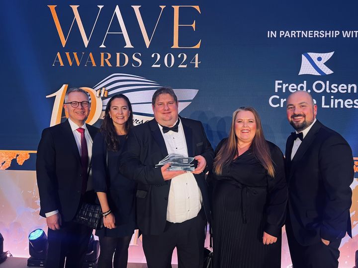 Havila Voyages with the award for Best Cuisine at The Wave Awards 2024. From left: Christian Gamsgrø, Chief Hotel & Commercial Development Officer, Johanna Hansli, Chief Sales Officer, Matthew Valentine, Head of Global Sales, Mette Øyen, Chief Marketing Officer, and Lasse A. Vangstein, Chief Communications & Sustainability Officer.