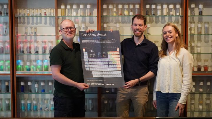 Stian Svelle (UiO), Halvard Hiis og Kristine Kruken (SNL) er svært fornøyde med samarbeidet om å løfte artikler om grunnstoffene.