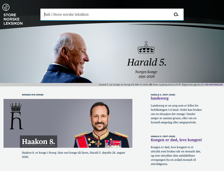 Slik så Store norske leksikons forside ut etter kongens bortgang