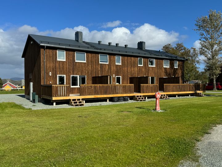 Brune rekkehus på gressplen under blå himmel