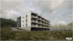 Skisse av en moderne boligblokk med flere etasjer, omgitt av natur, designet for Forsvaret i Evenes kommune av Volt entreprenør.