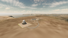 Illustrasjon av et radaranlegg på et øde landskap, med havet og klipper i bakgrunnen.