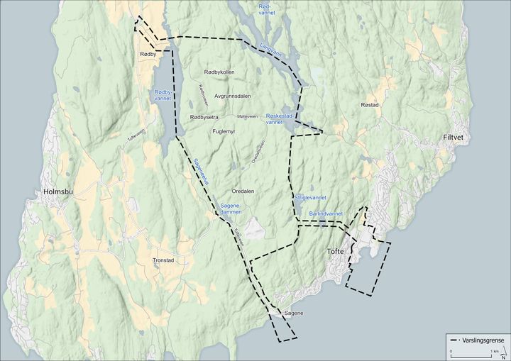 Kartutsnitt av planområdet for nytt anlegg for militære eksplosiver
