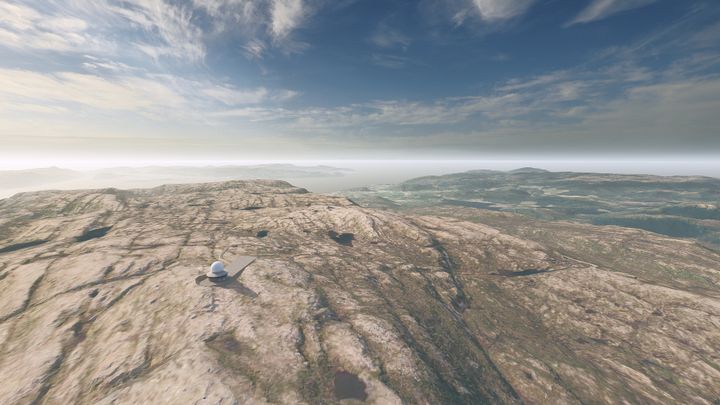 3D-tegning av radaranlegg med hvit kuppel. Anlegget står i åpent fjellandskap med hav og horisont i bakgrunnen.