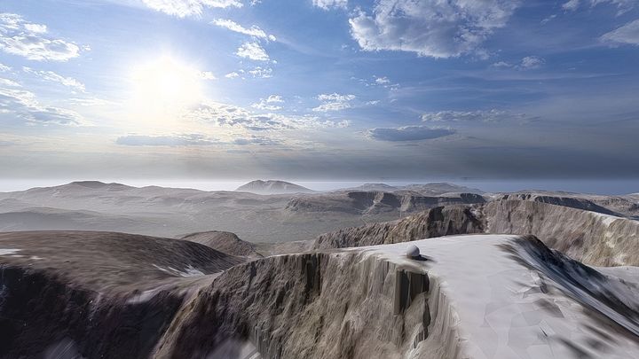 3D-tegning av radaranlegg med radom på snødekt fjelltopp med utsikt mot havet.