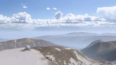 3D-skisse av radaranlegg med radom på snødekt fjell med utsikt over fjellandskap.