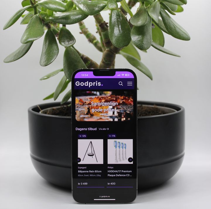 Mobiltelefon som viser Godpris.no med grønn pengeplante i bakgrunn.